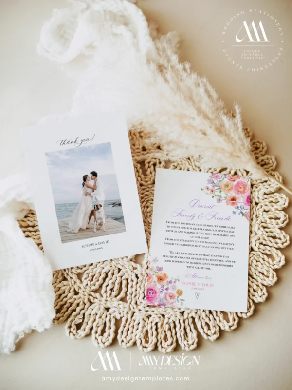 Spring Bloom Floral Wedding Invitation Template Bundle | 50+ Editable Colorful Wedding Stationery Templates Photo Thank You Card Template