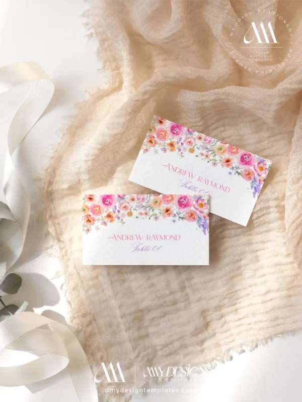 Spring Bloom Floral Wedding Invitation Template Bundle | 50+ Editable Colorful Wedding Stationery Templates Spring Bloom Colorful Place Card Template