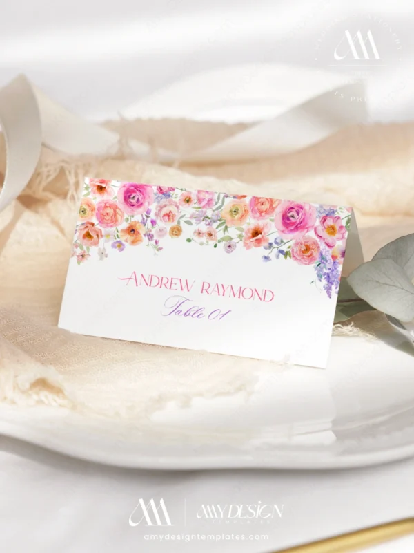 Spring Bloom Floral Wedding Invitation Template Bundle | 50+ Editable Colorful Wedding Stationery Templates Spring Bloom Colorful Place Card Template