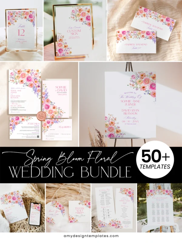 Wildflower Wedding Invitation Template Editable Botanical Garden | Watercolor Floral Arch Wedding Invite Spring Bloom Floral Wedding Invitation Template Bundle | Editable Colorful Watercolor Flower Wedding Suite Printable