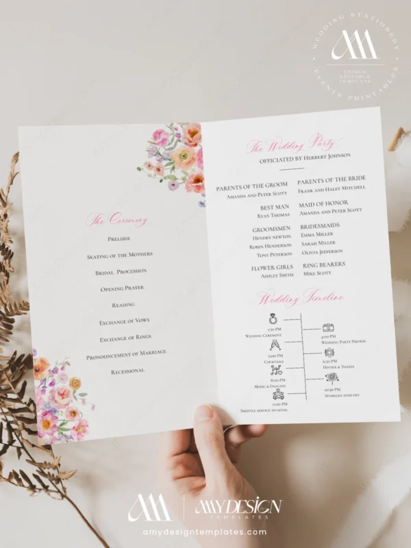 Spring Bloom Floral Wedding Invitation Template Bundle | 50+ Editable Colorful Wedding Stationery Templates Spring Bloom Floral Wedding Program Order of service Template