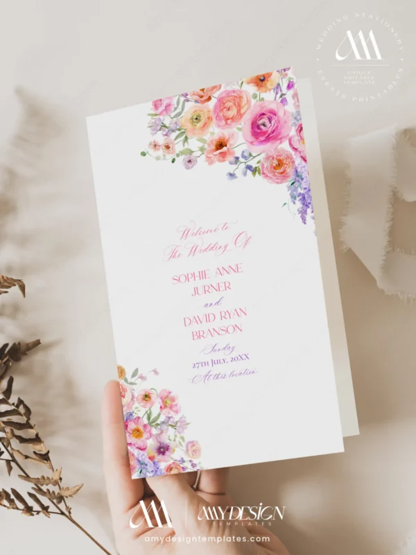 Spring Bloom Floral Wedding Invitation Template Bundle | 50+ Editable Colorful Wedding Stationery Templates Spring Bloom Floral Wedding Program Order of service Template