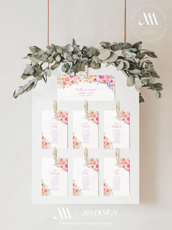 Spring Bloom Floral Wedding Invitation Template Bundle | 50+ Editable Colorful Wedding Stationery Templates Spring Bloom Seating Chart Card Template