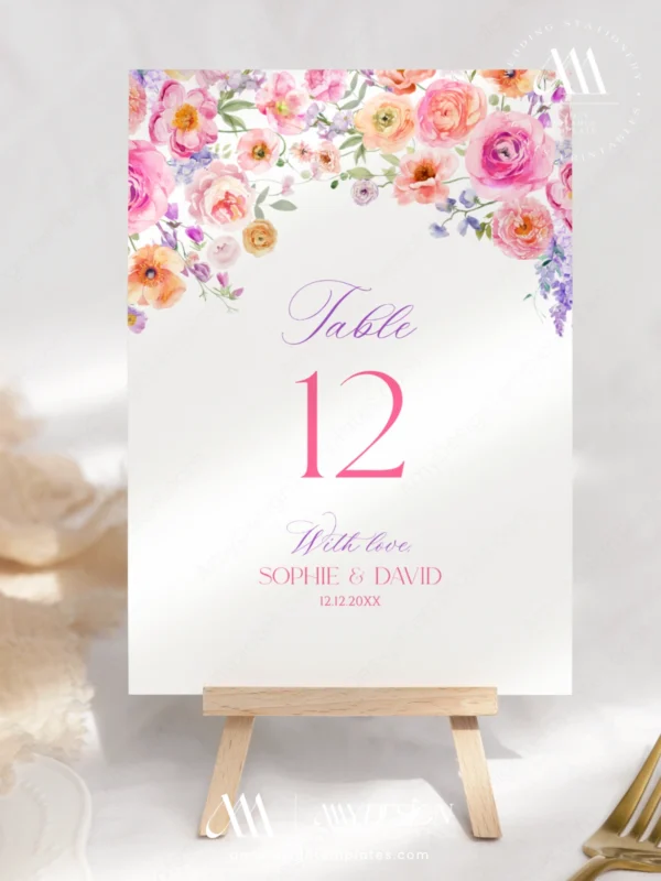 Spring Bloom Floral Wedding Invitation Template Bundle | 50+ Editable Colorful Wedding Stationery Templates Spring Bloom Table Number Card Template