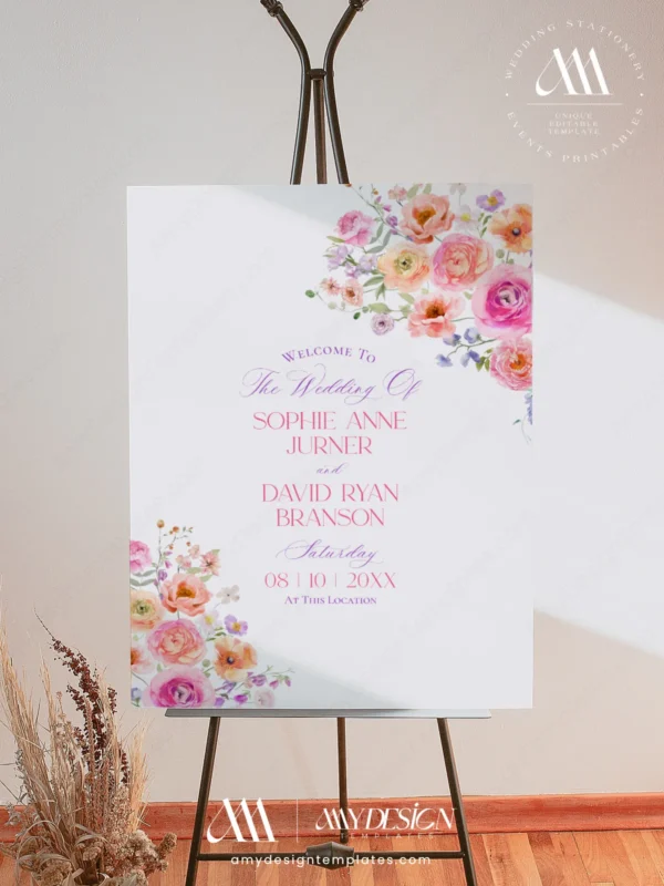 Spring Bloom Floral Wedding Invitation Template Bundle | 50+ Editable Colorful Wedding Stationery Templates Wedding Welcome Signage Spring Bloom Floral