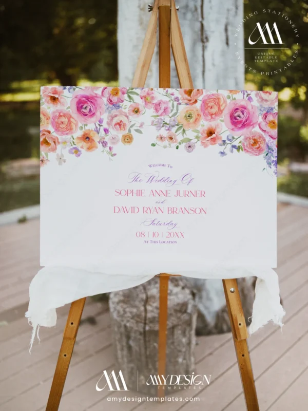 Spring Bloom Floral Wedding Invitation Template Bundle | 50+ Editable Colorful Wedding Stationery Templates Wedding Welcome Signage Spring Bloom Floral