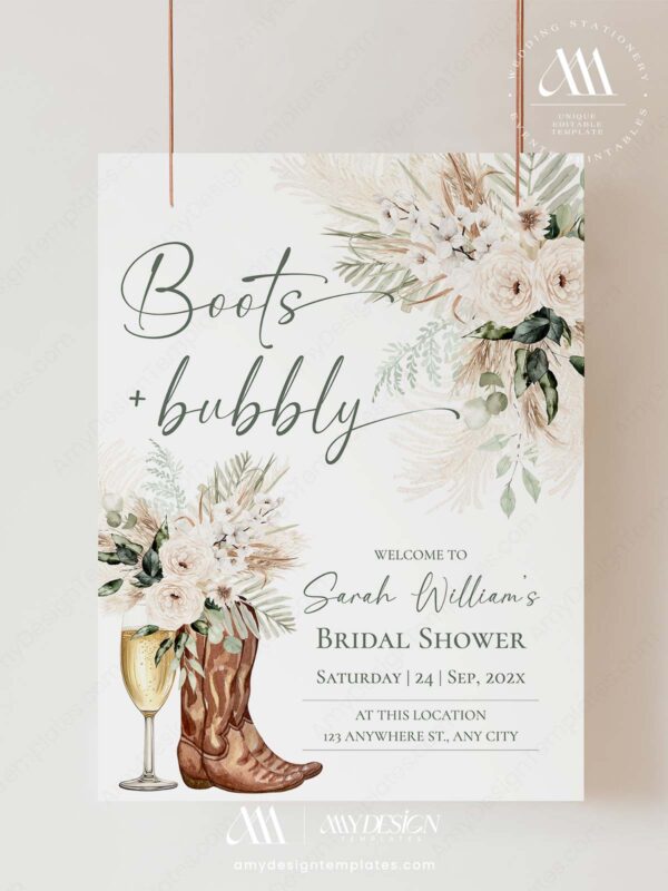 Boots and Bubbly Sage Green Cowgirl Bridal Shower Welcome Sign Template | Printable Country Boot Champagne Glass Pampas Grass Board | Editable White Vertical Entrance Display
