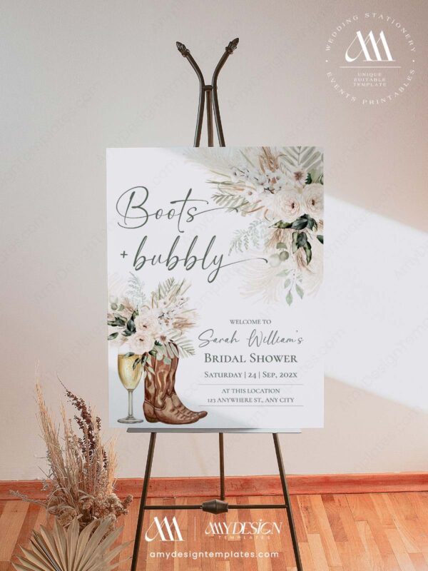 Boots and Bubbly Sage Green Cowgirl Bridal Shower Welcome Sign Template | Printable Country Boot Champagne Glass Pampas Grass Board | Editable White Vertical Entrance Display