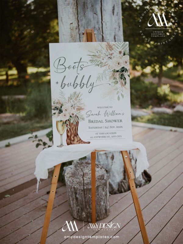 Boots and Bubbly Sage Green Cowgirl Bridal Shower Welcome Sign Template | Printable Country Boot Champagne Glass Pampas Grass Board | Editable White Vertical Entrance Display Boots and Bubbly Sage Green Cowgirl Bridal Shower Welcome Sign Template | Printable Country Boot Champagne Glass Pampas Grass Board | Editable White Vertical Entrance Display