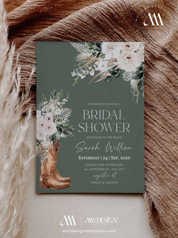 Western Boho Sage Green Cowgirl Bridal Shower Invitation Template | Printable Floral Pampas Grass Party Invite 5x7 | Editable Rustic Country Celebration Card Western Boho Sage Green Cowgirl Bridal Shower Invitation Template | Printable Floral Pampas Grass Party Invite 5x7 | Editable Rustic Country Celebration Card