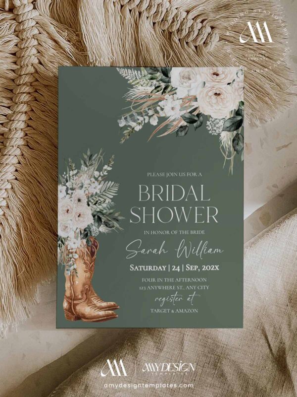 Western Boho Sage Green Wedding Welcome Sign Template | Printable Cowgirl Boot White Dried Rose Pampas Grass Board | Editable White Vertical Entrance Display Western Boho Sage Green Cowgirl Bridal Shower Invitation Template | Printable Floral Pampas Grass Party Invite 5x7 | Editable Rustic Country Celebration Card