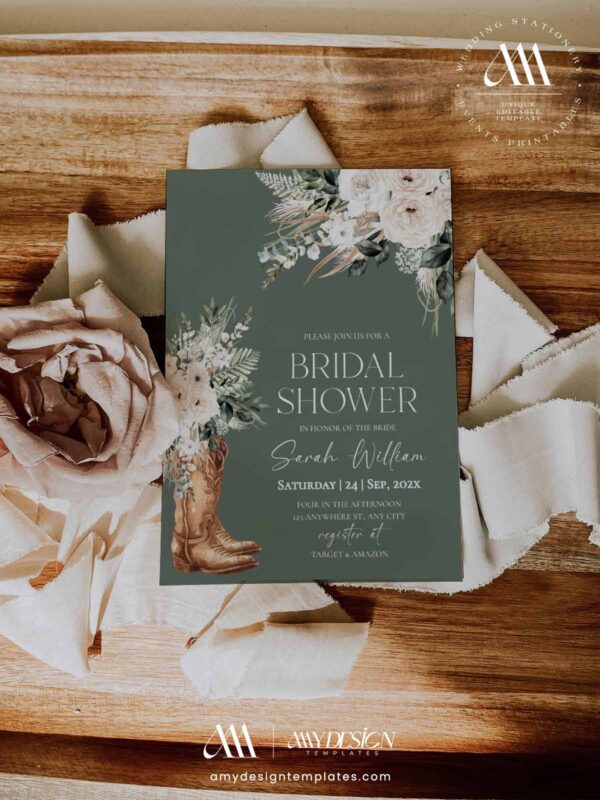 Western Boho Sage Green Cowgirl Bridal Shower Invitation Template | Printable Floral Pampas Grass Party Invite 5x7 | Editable Rustic Country Celebration Card