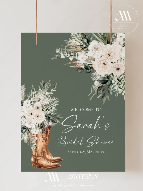 Western Country Floral Bridal Shower Cowboy Boots Sage Greenery Welcome Sign Template Printable