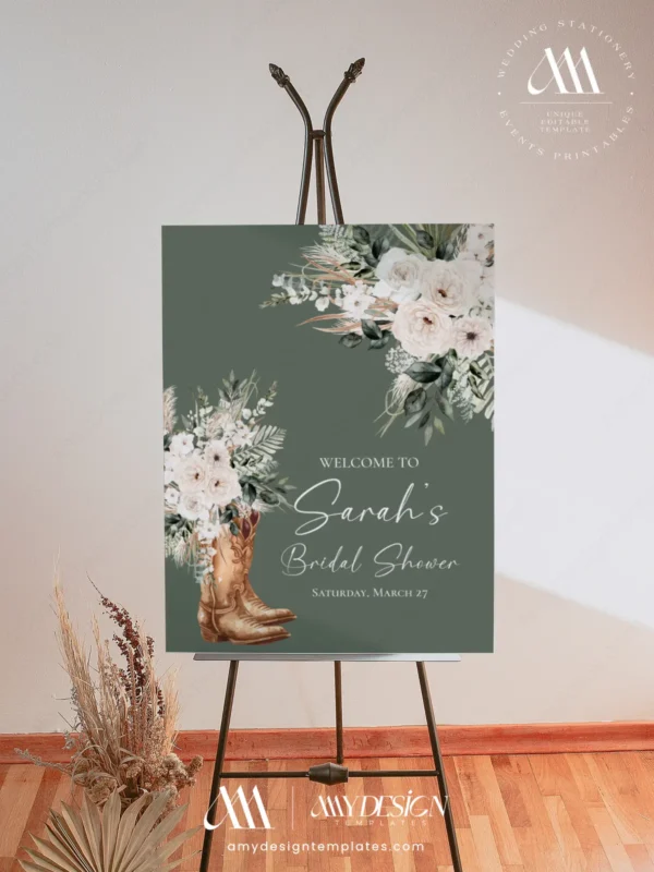Western Country Floral Bridal Shower Cowboy Boots Sage Greenery Welcome Sign Template Printable | Editable Country Floral Cowboy Boots Welcome Board | Corjl Instant Download Western Country Floral Bridal Shower Cowboy Boots Sage Greenery Welcome Sign Template Printable