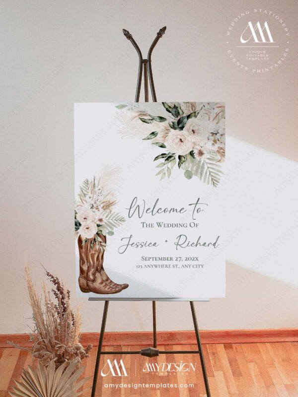 Western Boho Sage Green Wedding Welcome Sign Template | Printable Cowgirl Boot White Dried Rose Pampas Grass Board | Editable White Vertical Entrance Display