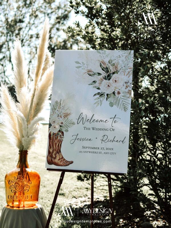 Western Boho Sage Green Wedding Welcome Sign Template | Printable Cowgirl Boot White Dried Rose Pampas Grass Board | Editable White Vertical Entrance Display Western Boho Sage Green Wedding Welcome Sign Template | Printable Cowgirl Boot White Dried Rose Pampas Grass Board | Editable White Vertical Entrance Display