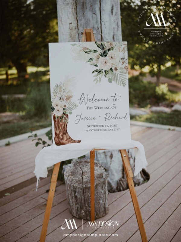 Western Boho Sage Green Wedding Welcome Sign Template | Printable Cowgirl Boot White Dried Rose Pampas Grass Board | Editable White Vertical Entrance Display Western Boho Sage Green Wedding Welcome Sign Template | Printable Cowgirl Boot White Dried Rose Pampas Grass Board | Editable White Vertical Entrance Display