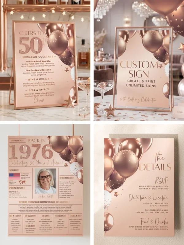 Rose Gold Birthday Invitation Bundle | Editable Any Age Birthday Party Template Canva | 50th 60th 30th 40th Birthday Decorations Signs Menus Rose Gold Birthday Invitation Bundle, Editable Any Age Birthday Party Template Canva, 50th 60th 30th 40th Birthday Decorations, Signs Menus