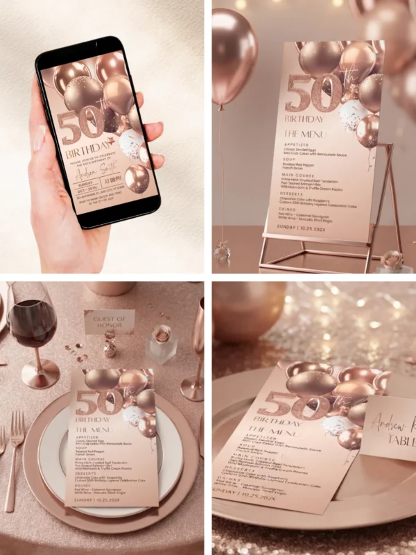 Rose Gold Birthday Invitation Bundle | Editable Any Age Birthday Party Template Canva | 50th 60th 30th 40th Birthday Decorations Signs Menus Rose Gold Birthday Invitation Bundle, Editable Any Age Birthday Party Template Canva, 50th 60th 30th 40th Birthday Decorations, Signs Menus