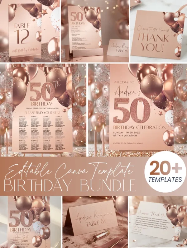 Rose Gold Birthday Invitation Bundle, Editable Any Age Birthday Party Template Canva, 50th 60th 30th 40th Birthday Decorations, Signs Menus