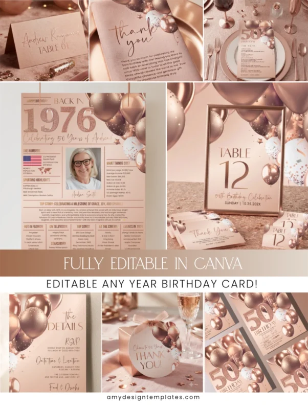 Rose Gold Birthday Invitation Bundle | Editable Any Age Birthday Party Template Canva | 50th 60th 30th 40th Birthday Decorations Signs Menus Rose Gold Birthday Invitation Bundle, Editable Any Age Birthday Party Template Canva, 50th 60th 30th 40th Birthday Decorations, Signs Menus