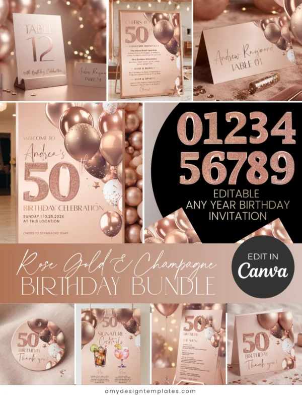 7+ Free Blank 50th Birthday Invitation Card Template Printable Rose Gold Birthday Invitation Bundle, Editable Any Age Birthday Party Template Canva, 50th 60th 30th 40th Birthday Decorations, Signs Menus