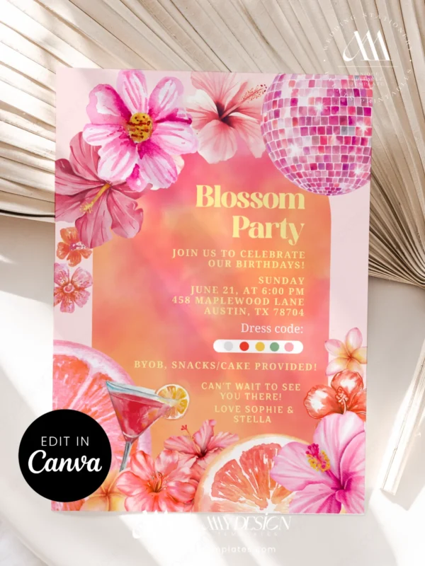 Vibrant Tropical Blossom Birthday Party Invitation, Pink Disco Ball Summer Invite, Hibiscus Floral Birthday Invitation Template, Citrus Orange Cocktail Party Invite, Canva Editable Design, Digital Download