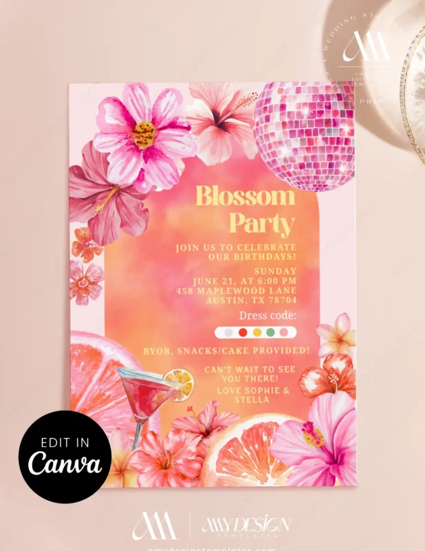 Vibrant Tropical Blossom Birthday Party Invitation | Pink Disco Ball Summer Invite Canva Editable Template Vibrant Tropical Blossom Birthday Party Invitation, Pink Disco Ball Summer Invite, Hibiscus Floral Birthday Invitation Template, Citrus Orange Cocktail Party Invite, Canva Editable Design, Digital Download