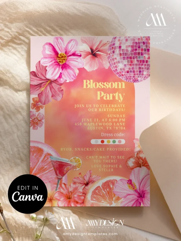Vibrant Tropical Blossom Birthday Party Invitation | Pink Disco Ball Summer Invite Canva Editable Template Vibrant Tropical Blossom Birthday Party Invitation | Pink Disco Ball Summer Invite Canva Editable Template