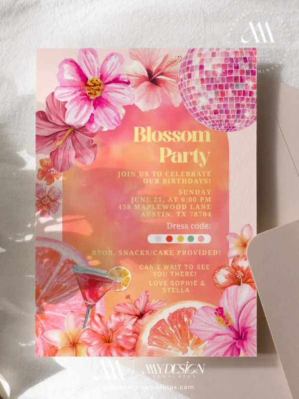 Vibrant Tropical Blossom Birthday Party Invitation | Pink Disco Ball Summer Invite Canva Editable Template