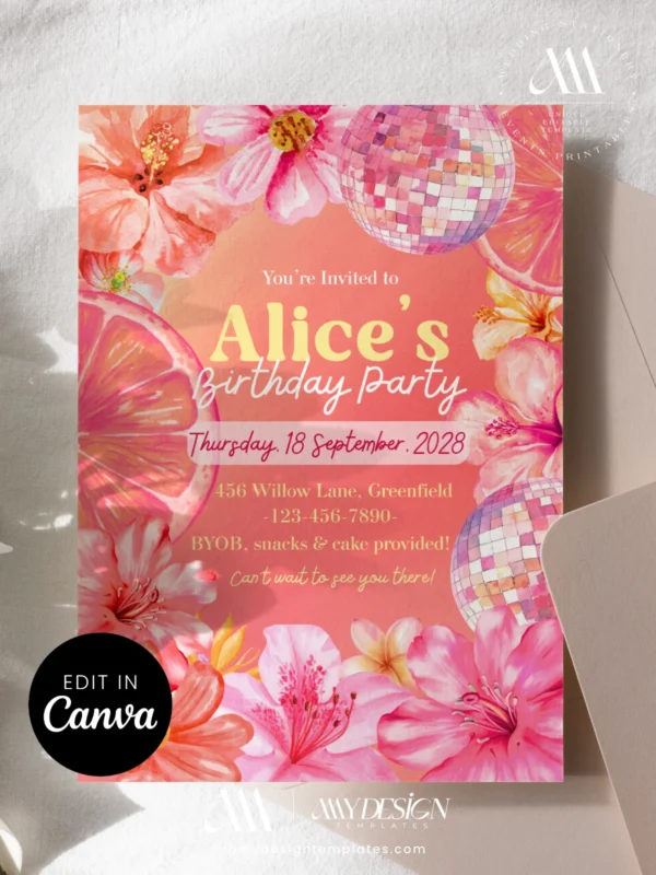 Tropical Pink Floral Birthday Party Invitation, Pink Disco Ball Summer Invite, Hibiscus & Citrus Theme, Canva Editable Template, Digital Download
