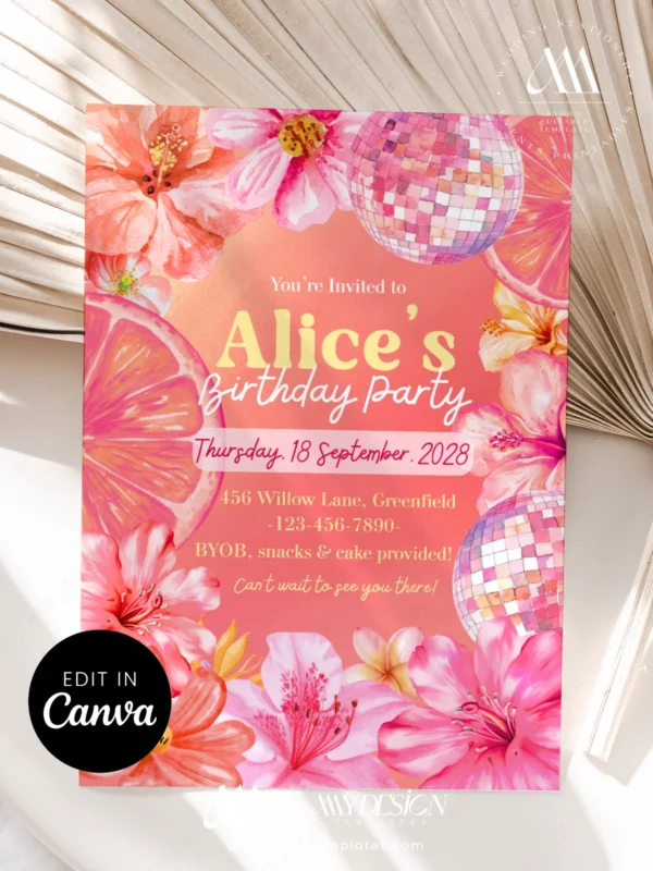 Pink Tropical Floral Birthday Invitation | Disco Ball Summer Party Invite | Canva Editable Template