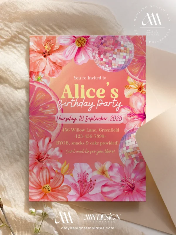 Pink Tropical Floral Birthday Invitation | Disco Ball Summer Party Invite | Canva Editable Template Pink Tropical Floral Birthday Invitation | Disco Ball Summer Party Invite | Canva Editable Template