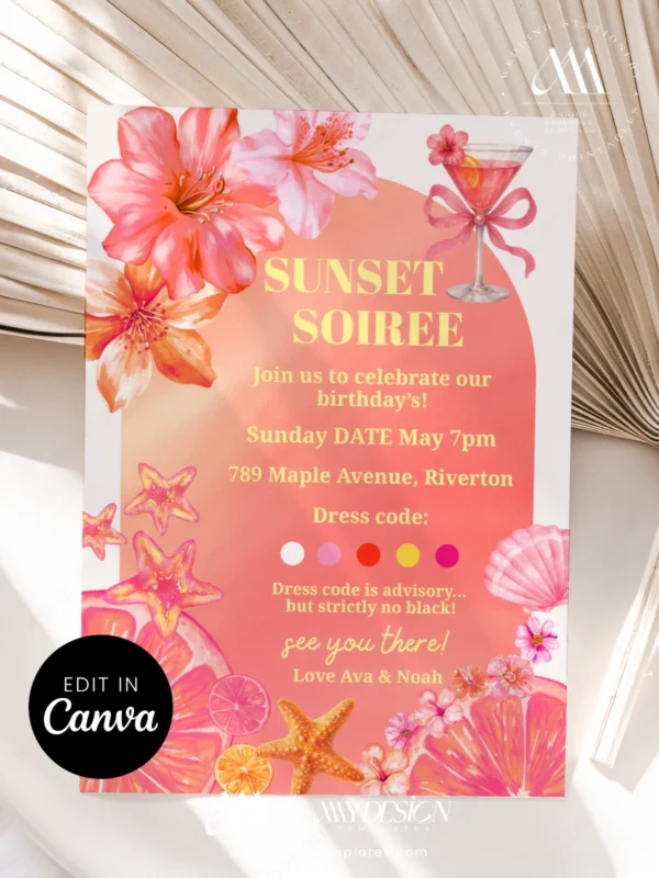 Sunset Soiree Tropical Birthday Invitation | Coral Pink Beach Cocktail Party Canva Template