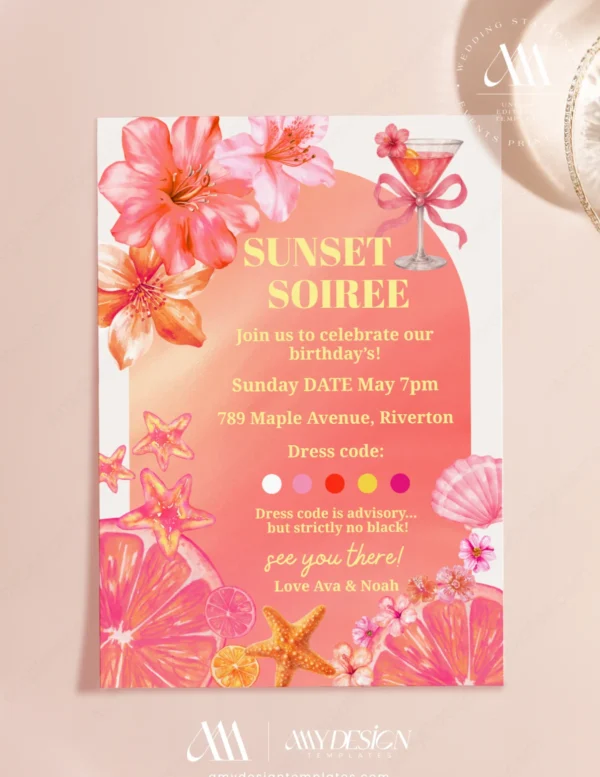Sunset Soiree Tropical Birthday Invitation, Pink Summer Cocktail Invite, Coral Floral & Starfish Beach Party, Editable Canva Design, Digital Download