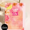 Bright Pink Tropical Summer Birthday Invitation | Lemon Slice & Hibiscus Floral Card Bright Pink Tropical Birthday Invitation, Lemon Slice & Hibiscus Floral Card, Grapefruit Summer Party, Canva Editable Template, Digital Download