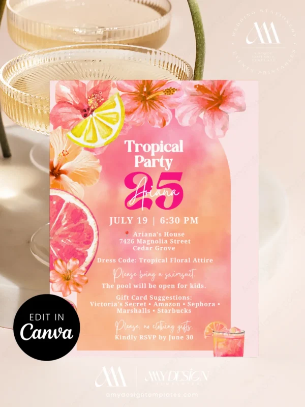 Bright Pink Tropical Summer Birthday Invitation | Lemon Slice & Hibiscus Floral Card Bright Pink Tropical Birthday Invitation, Lemon Slice & Hibiscus Floral Card, Grapefruit Summer Party, Canva Editable Template, Digital Download
