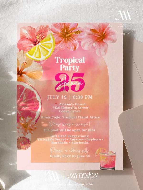 Bright Pink Tropical Summer Birthday Invitation | Lemon Slice & Hibiscus Floral Card