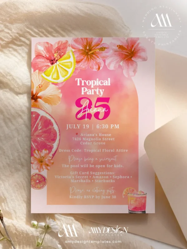 Bright Pink Tropical Summer Birthday Invitation | Lemon Slice & Hibiscus Floral Card Bright Pink Tropical Summer Birthday Invitation | Lemon Slice & Hibiscus Floral Card