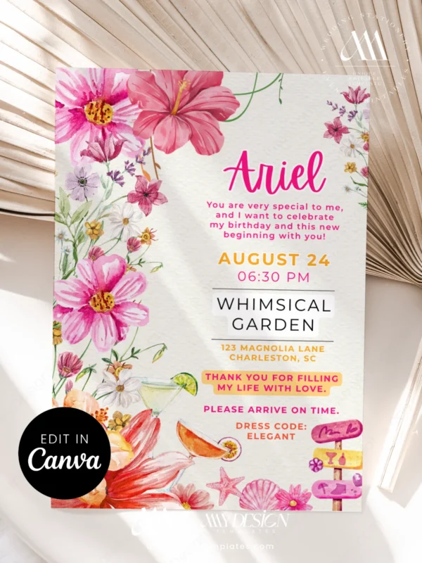 Whimsical Garden Tropical Birthday Invitation, Wildflower & Hibiscus Floral Card, Cocktail Lime Seashell Theme, Customizable Canva Layout, Digital File