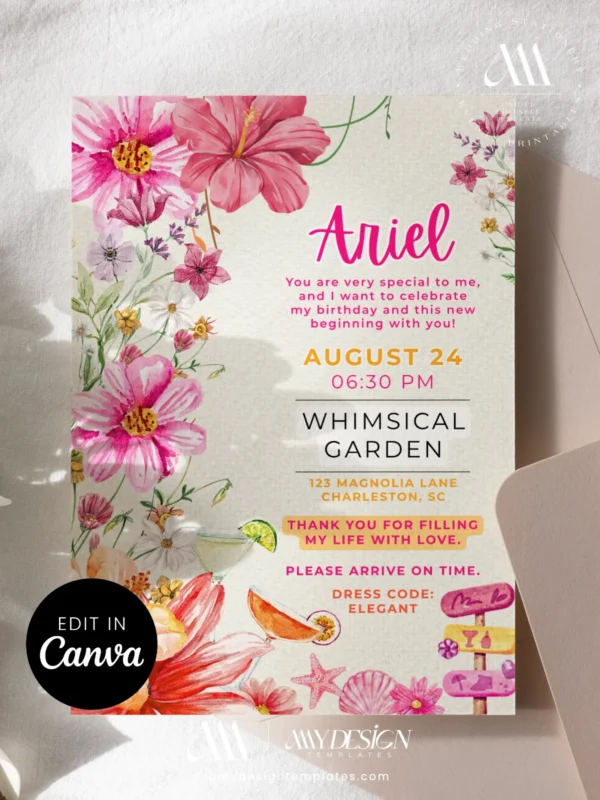 Whimsical Garden Tropical Birthday Invitation | Wildflower Hibiscus Cocktail Beach Template Whimsical Garden Tropical Birthday Invitation | Wildflower Hibiscus Cocktail Beach Template