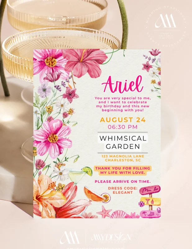 Whimsical Garden Tropical Birthday Invitation | Wildflower Hibiscus Cocktail Beach Template Whimsical Garden Tropical Birthday Invitation | Wildflower Hibiscus Cocktail Beach Template