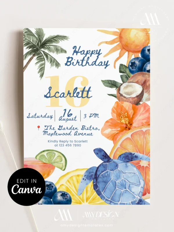 Tropical Ocean Theme Birthday Party Invitation Canva Template | Sea Turtle Coconut Palm Tree