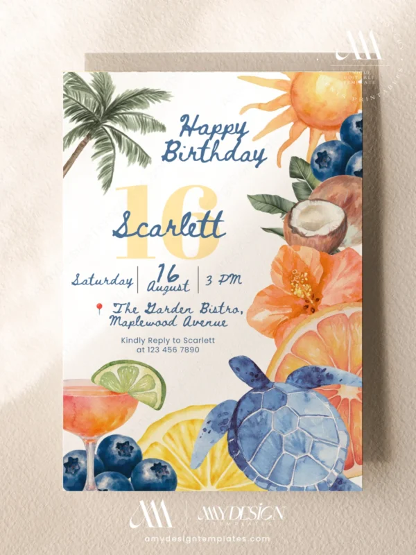 Tropical Ocean Theme Birthday Party Invitation Canva Template | Sea Turtle Coconut Palm Tree