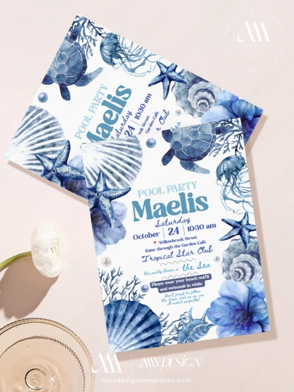 Blue Coastal Sea Turtle Pool Party Invitation Canva Template | Ocean Shell Coral Invite Card