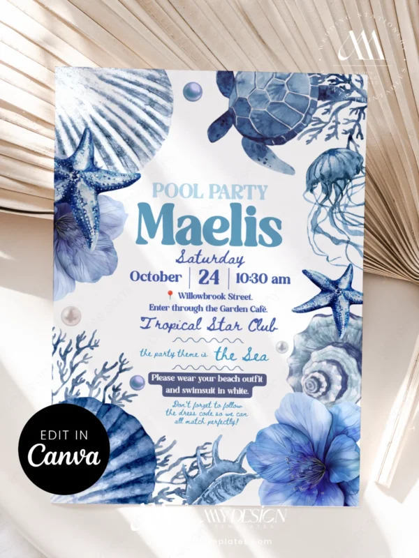 Blue Coastal Sea Turtle Pool Party Invitation Canva Template | Ocean Shell Coral Invite Card