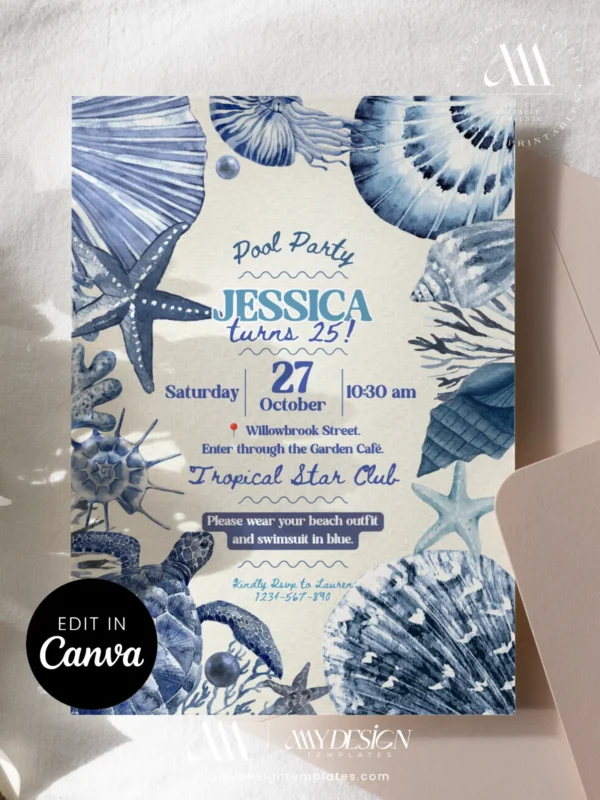 Indigo Sea Turtle Pool Party Invitation Template Canva Printable Card | Under The Sea Coral Shell Birthday Invite