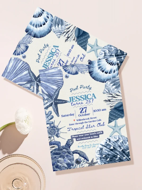 Indigo Sea Turtle Pool Party Invitation Template Canva Printable Card | Under The Sea Coral Shell Birthday Invite