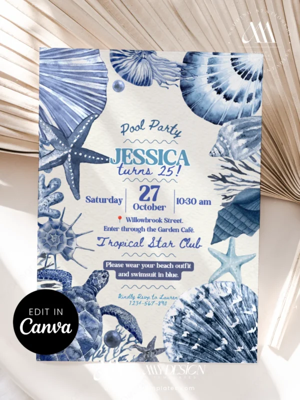 Indigo Sea Turtle Pool Party Invitation Template Canva Printable Card | Under The Sea Coral Shell Birthday Invite Indigo Sea Turtle Pool Party Invitation, Coastal Shell Starfish Jellyfish Card, Oceanic Birthday Party Theme, Customizable Canva Template, Instant Download