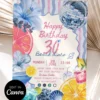 Blue Pink Beach Disco Birthday Party Invitation Canva Template | Silver Mirror Ball Citrus Tropical Invite Card Blue Pink Beach Disco Birthday Party Invitation Canva Template | Silver Mirror Ball Citrus Tropical Invite Card